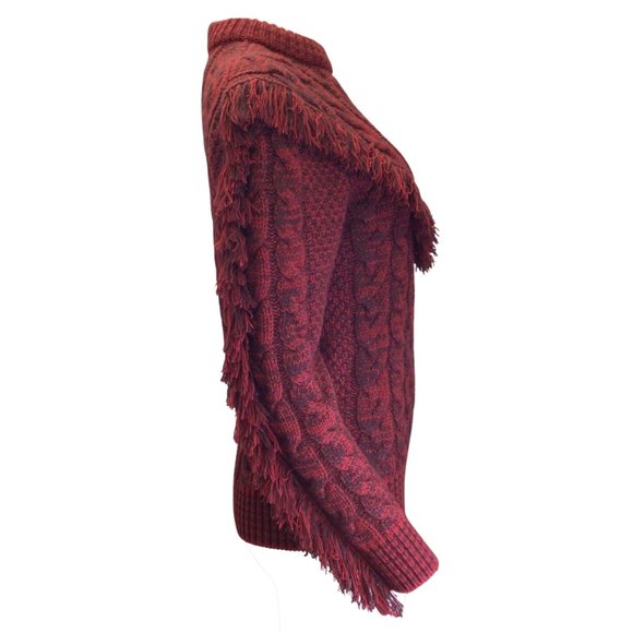 ALANUI RED / BURGUNDY FRINGED DETAIL LONG SLEEVED CASHMERE KNIT PULLOVER SWEATER - Picture 2 of 4